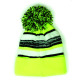 Cuff Pom Pom Stripe Knit Beanie, Neon Green & Black